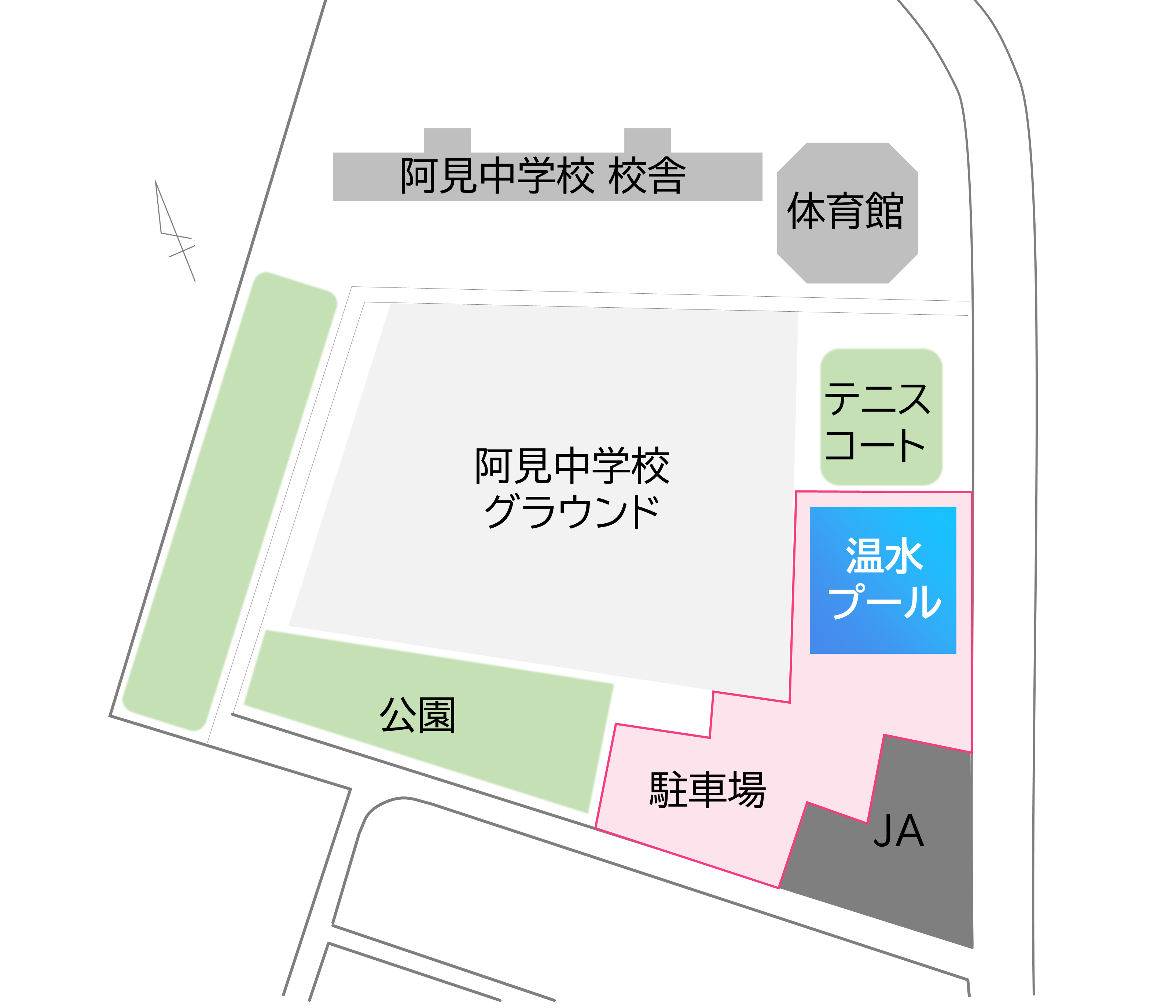 テニスコートの南側に建物を配置